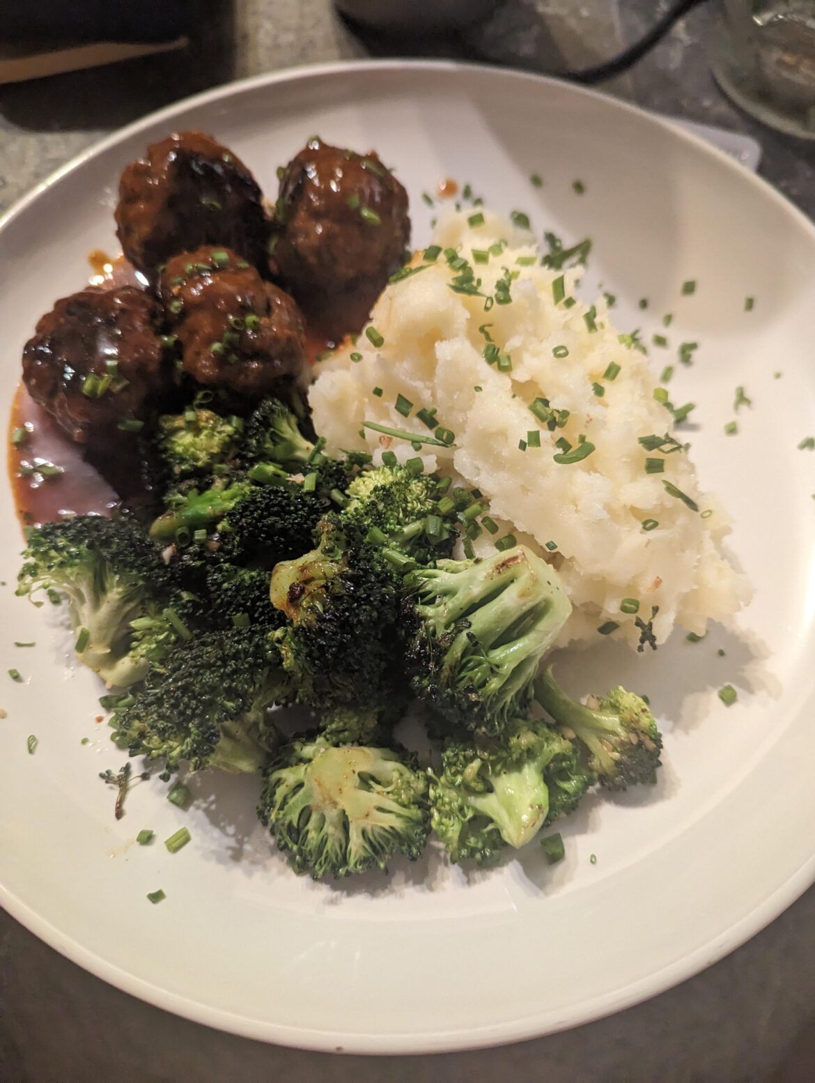 BBQ beef meatballs with smashed potatoes and garlicky broccoli