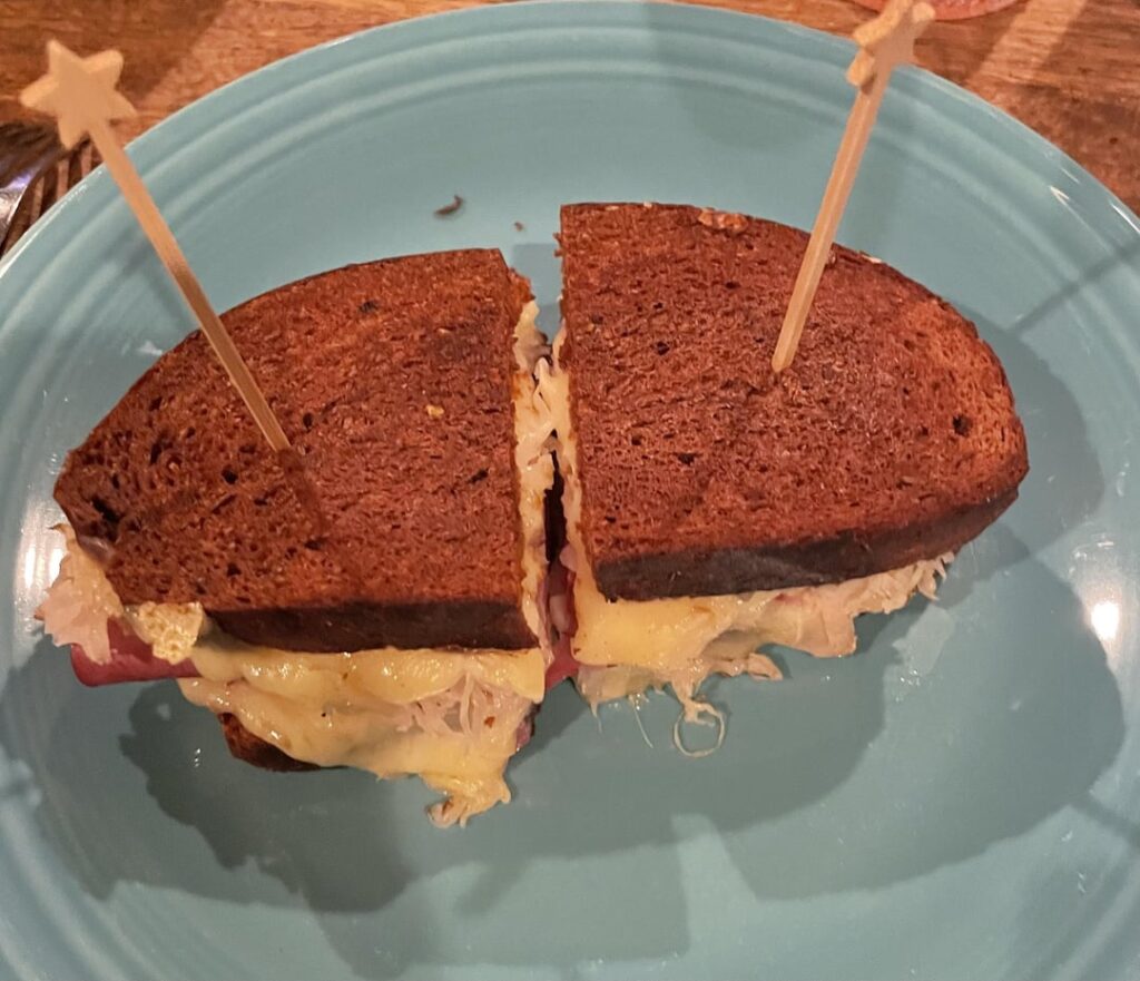 Corned beef Reuben on homemade pumpernickel bread
