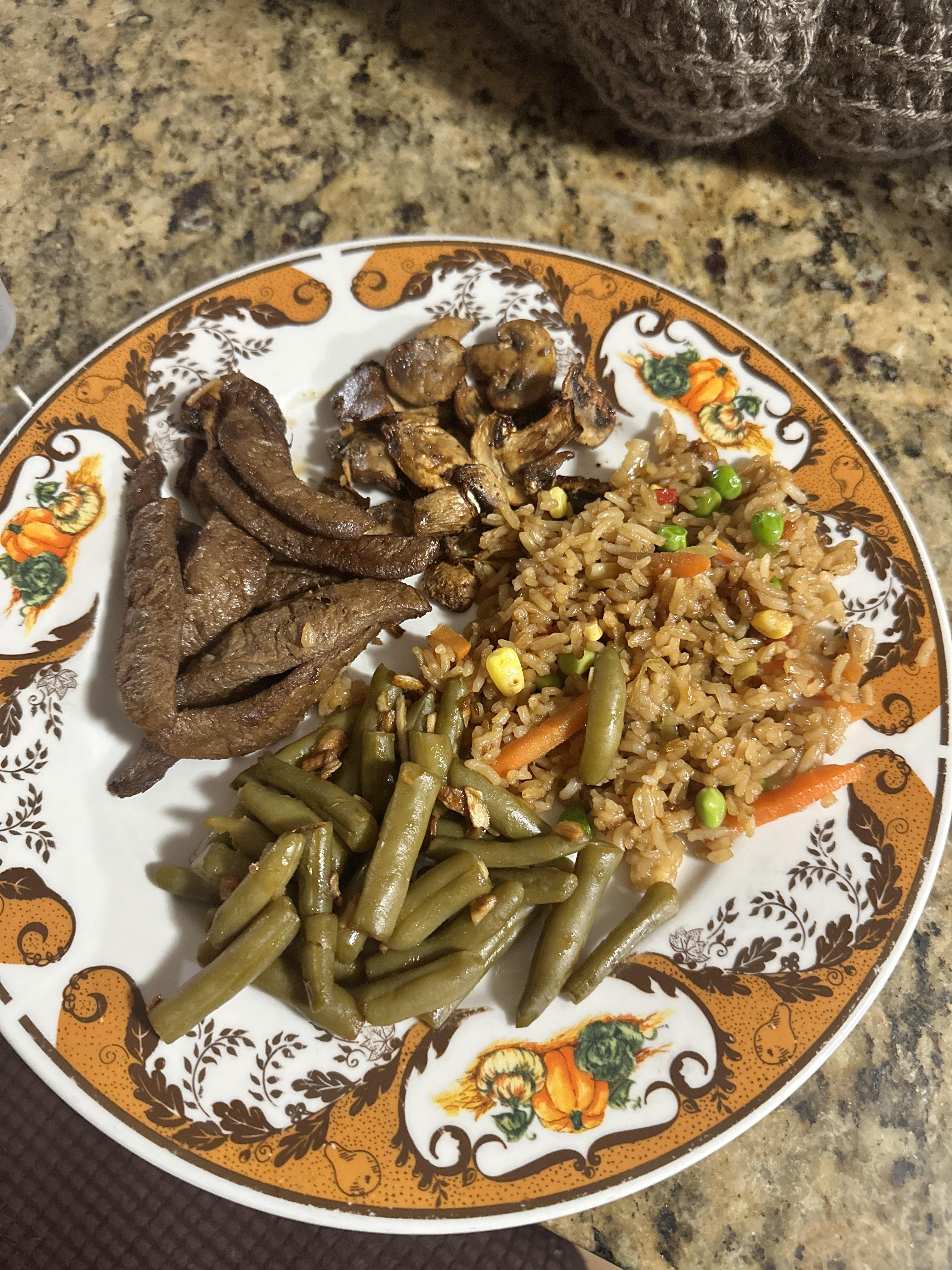 mushrooms, trader joe’s bulgogi, veggie fried rice, and green beans