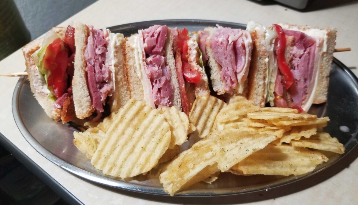 Was out of toothpicks, so I used a bamboo skewer <shrug>. With 12 pieces of bread, you just slide off a bite at a time since you can't find the starts and ends. Fuggit!