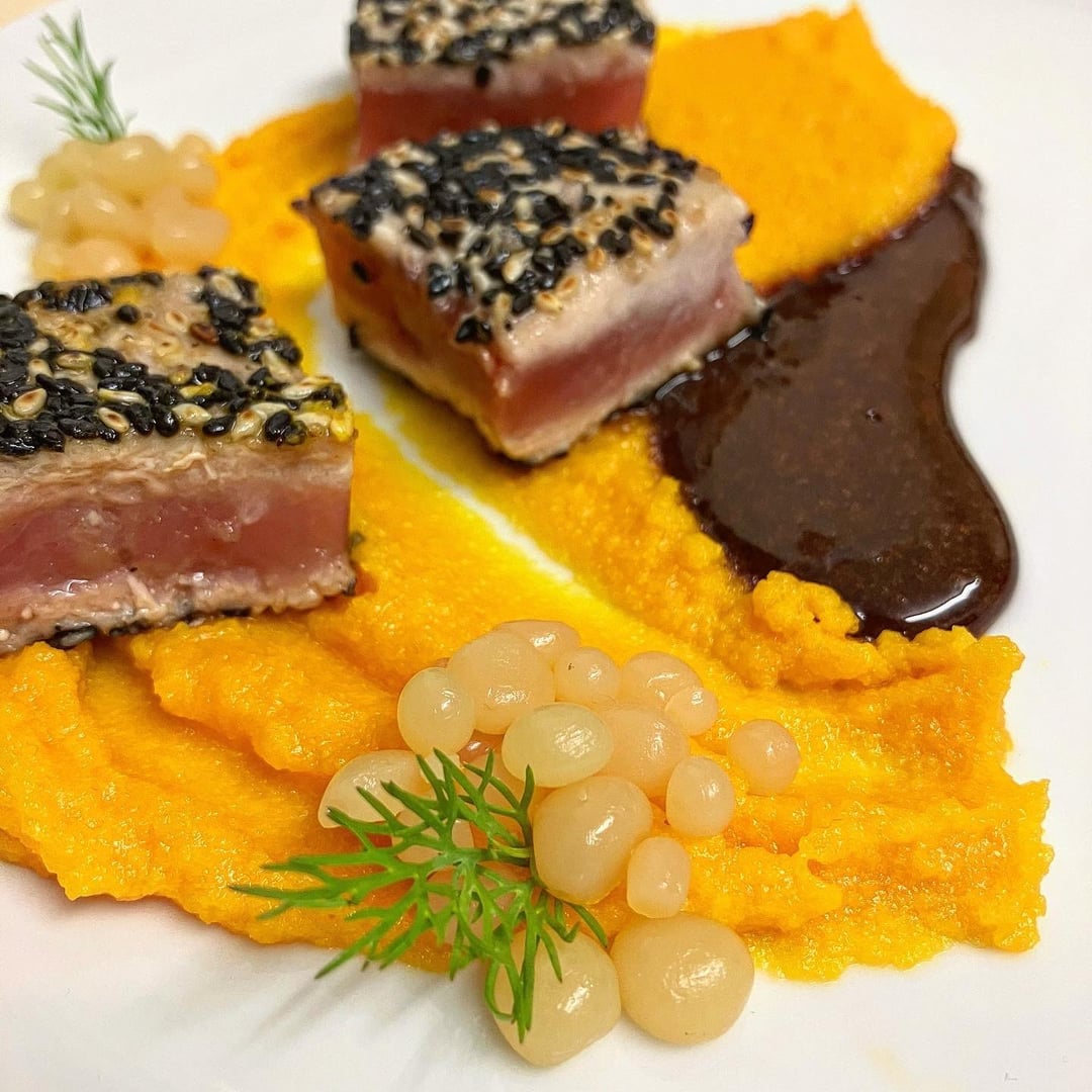 SesameSeared Tuna Tataki, Carrot & Ginger Purée, Soy Glaze and Yuzu
