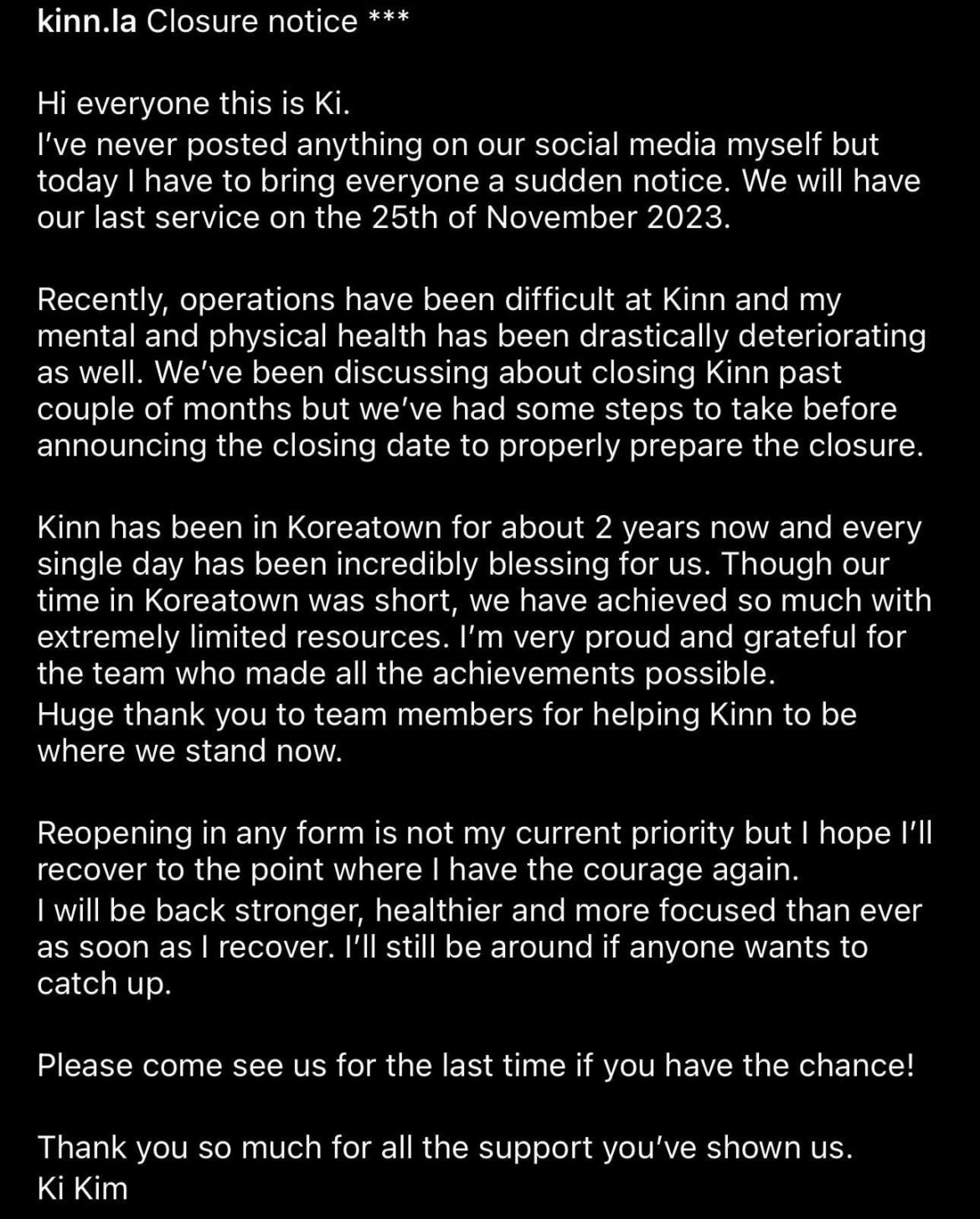 Kinn to close after service on Nov 25