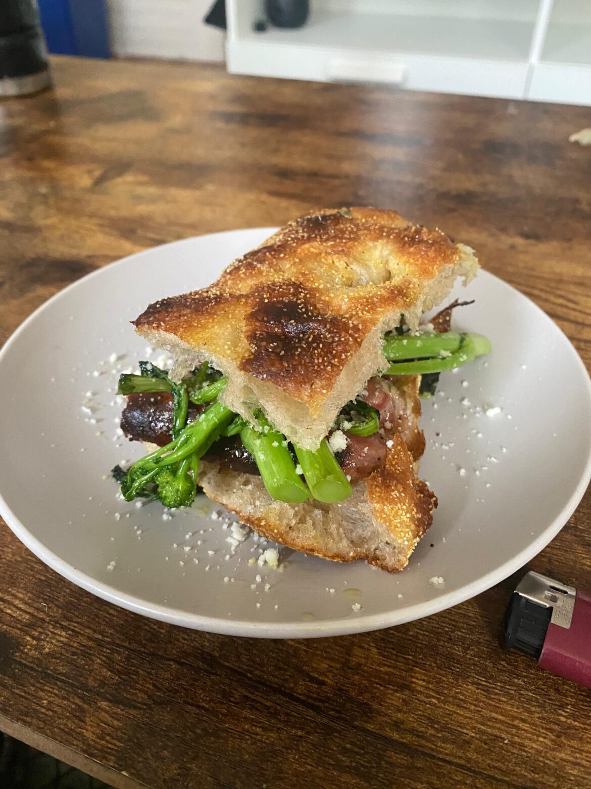Broccoli Rabe, Sausage and Pecorino on Focaccia.