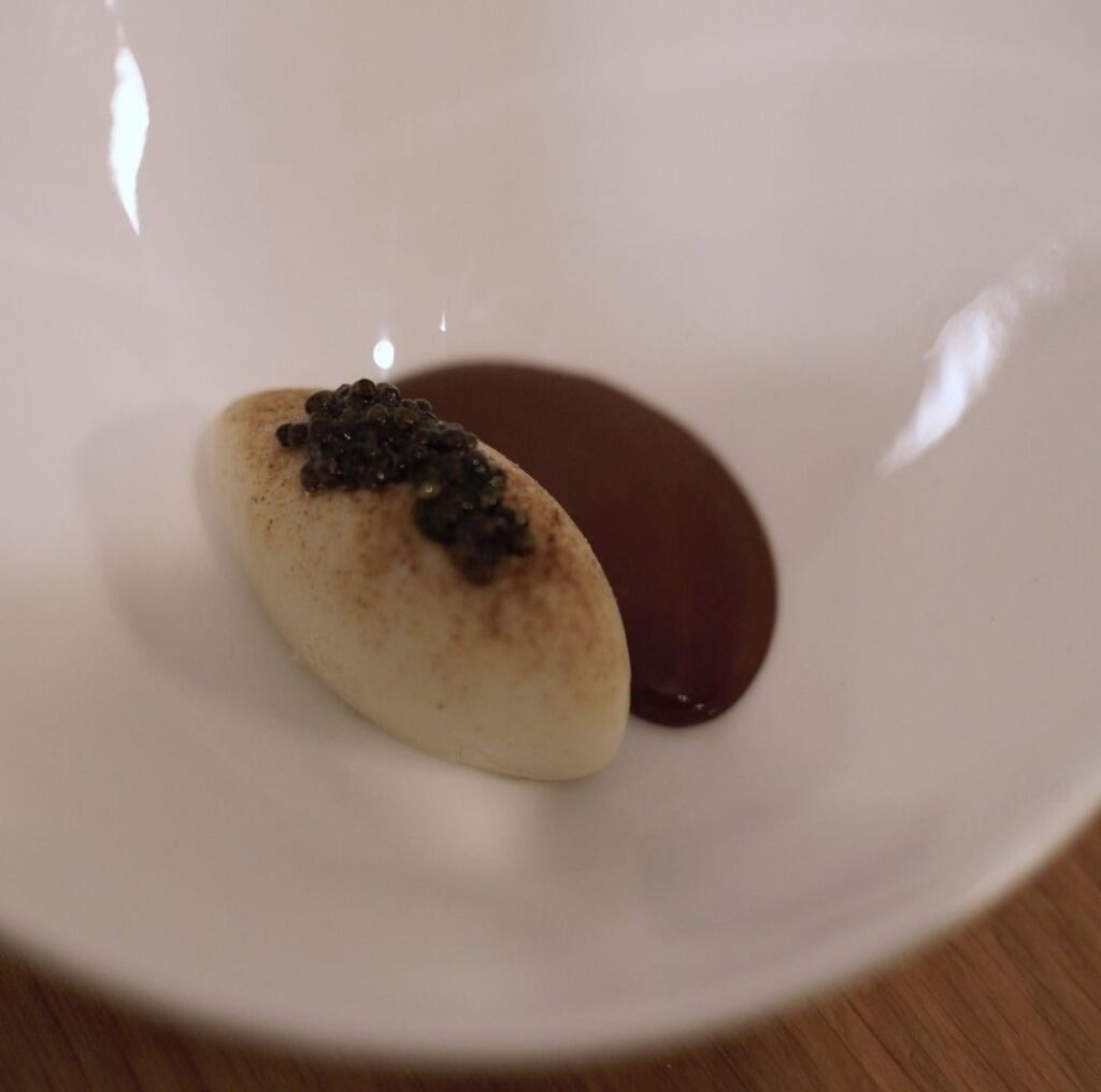 Whipped tofu, mushroom powder, warm 70% chocolate sauce, mushroom powder