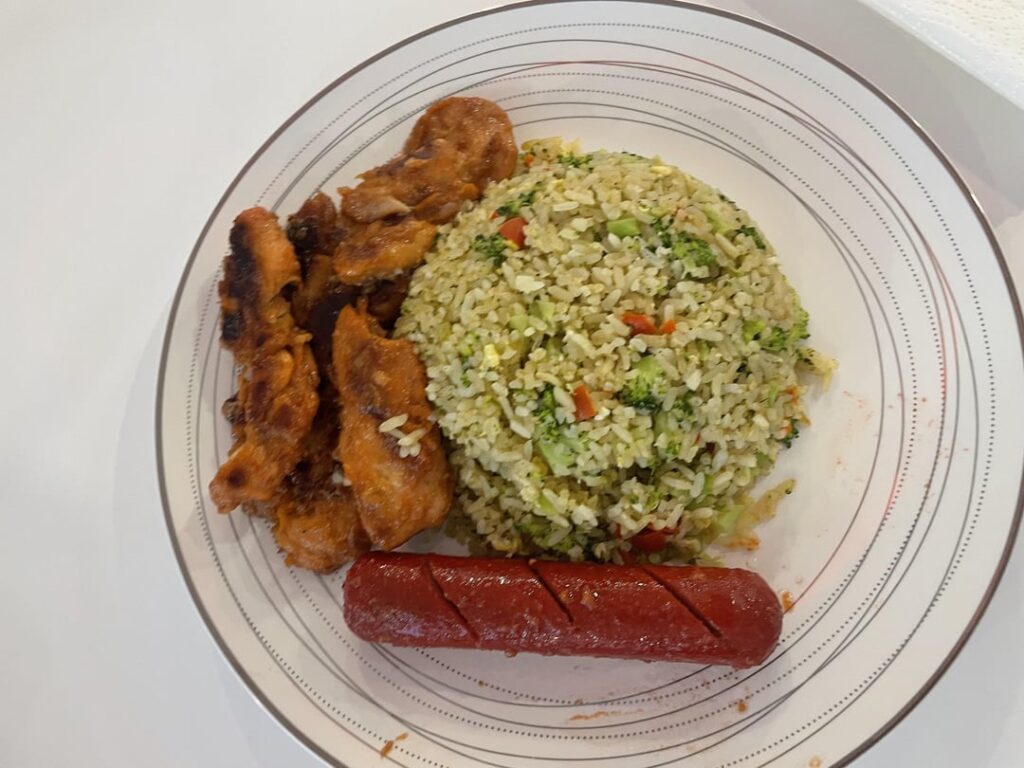 Homemade Breakfast Vegetable Egg Fried Rice W/ Homemade Chicken Tocino & Filipino Hotdog