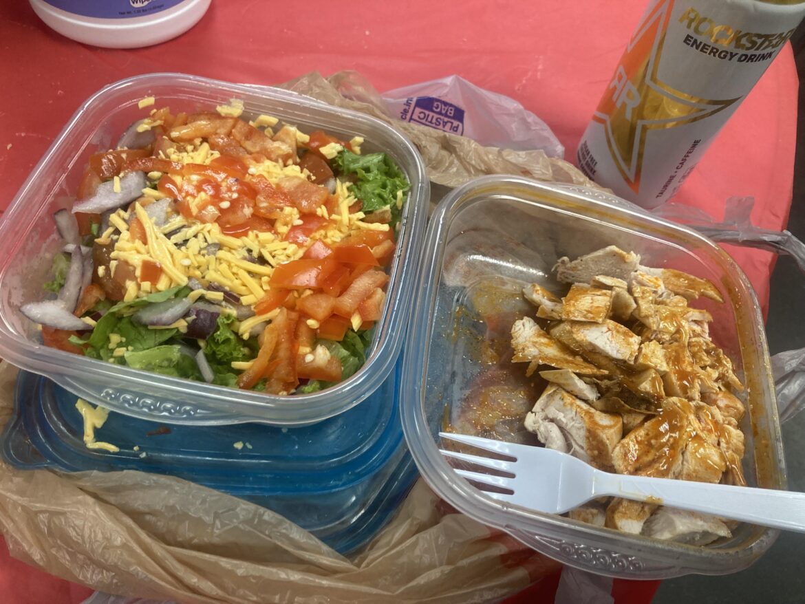 Homemade salad and leftover chicken. Instead of spending $12 for a meal at Burger King I made something that costs less than $4.
