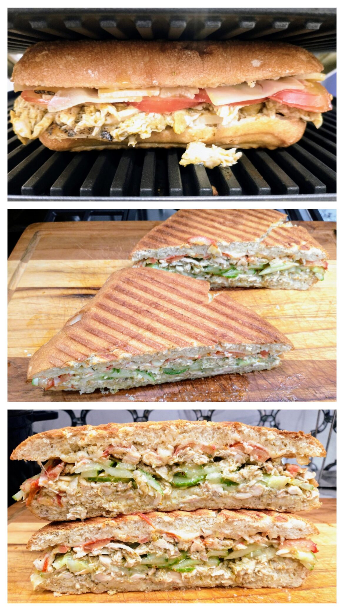 Panini (homemade)- Shredded Chicken, Manchego Cheese, Tomato, Cucumber, and Spicy Ranch Dressing on Ciabatta Bread.