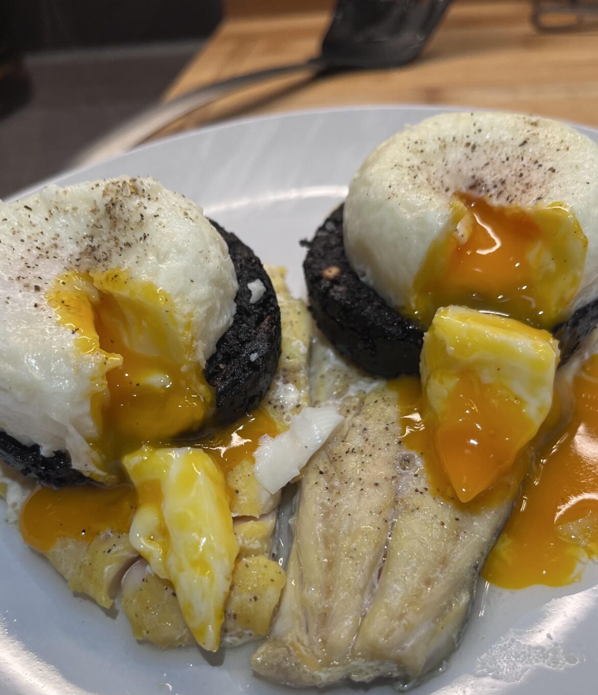 Birthday Breakfast - smoked haddock, black pudding with poached eggs 😊