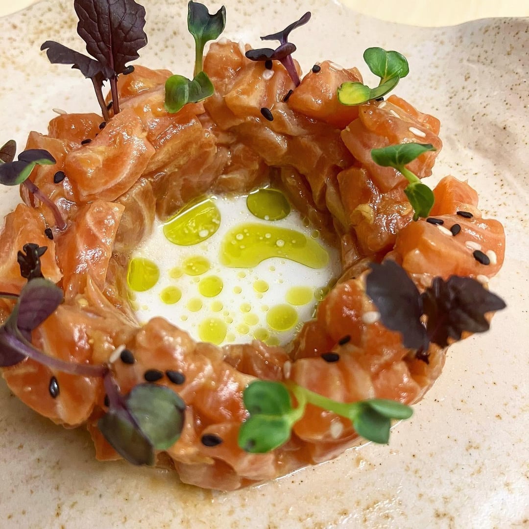 Salmon Tartare marinated in Soy, Lime and Ginger with Coconut Milk and