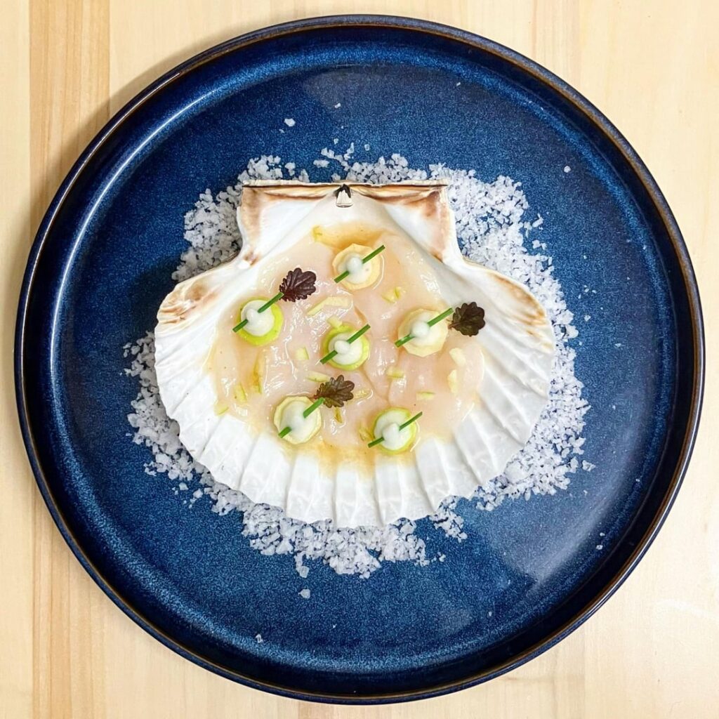 Scallop Carpaccio with a Green Apple Sauce and Coconut Gel