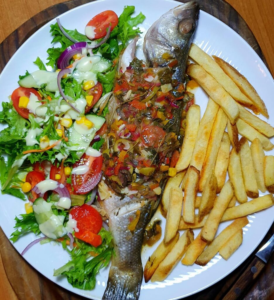 Fish and chips with salad