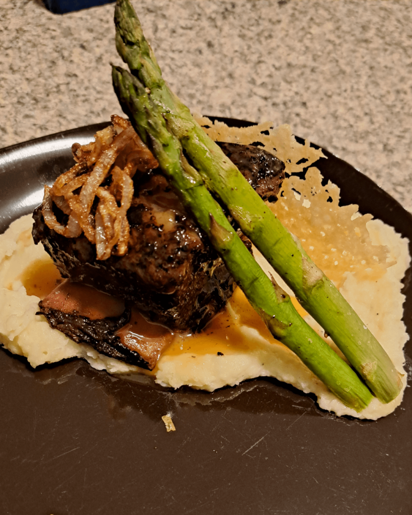 72hr espresso short rib, parsnip puree, asparagus, parm crisp