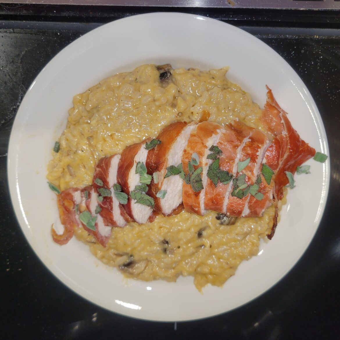 Prosciutto-Wrapped Chicken with Sage over Truffle Mushroom Risotto and Parmesan - 10/10