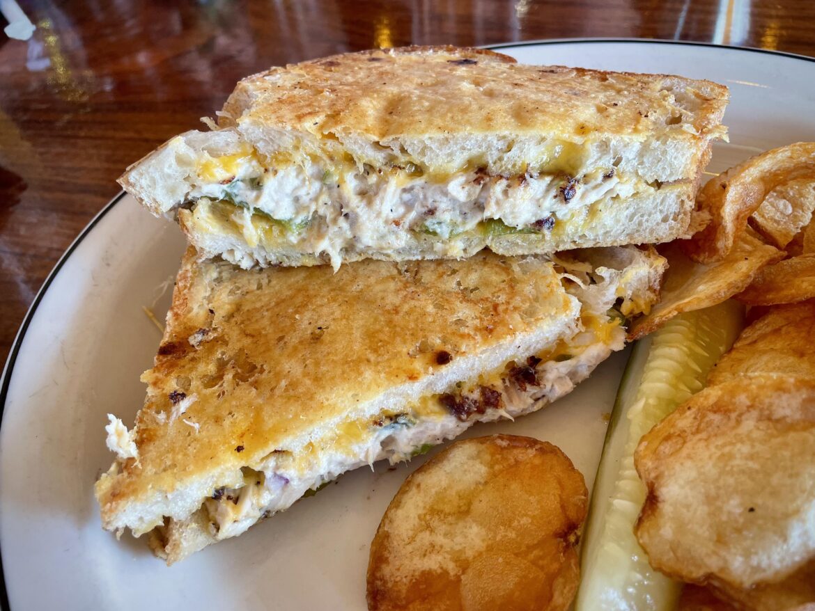 Albacore tuna melt with cheddar and Ortega chiles on Parmesan-crusted sourdough