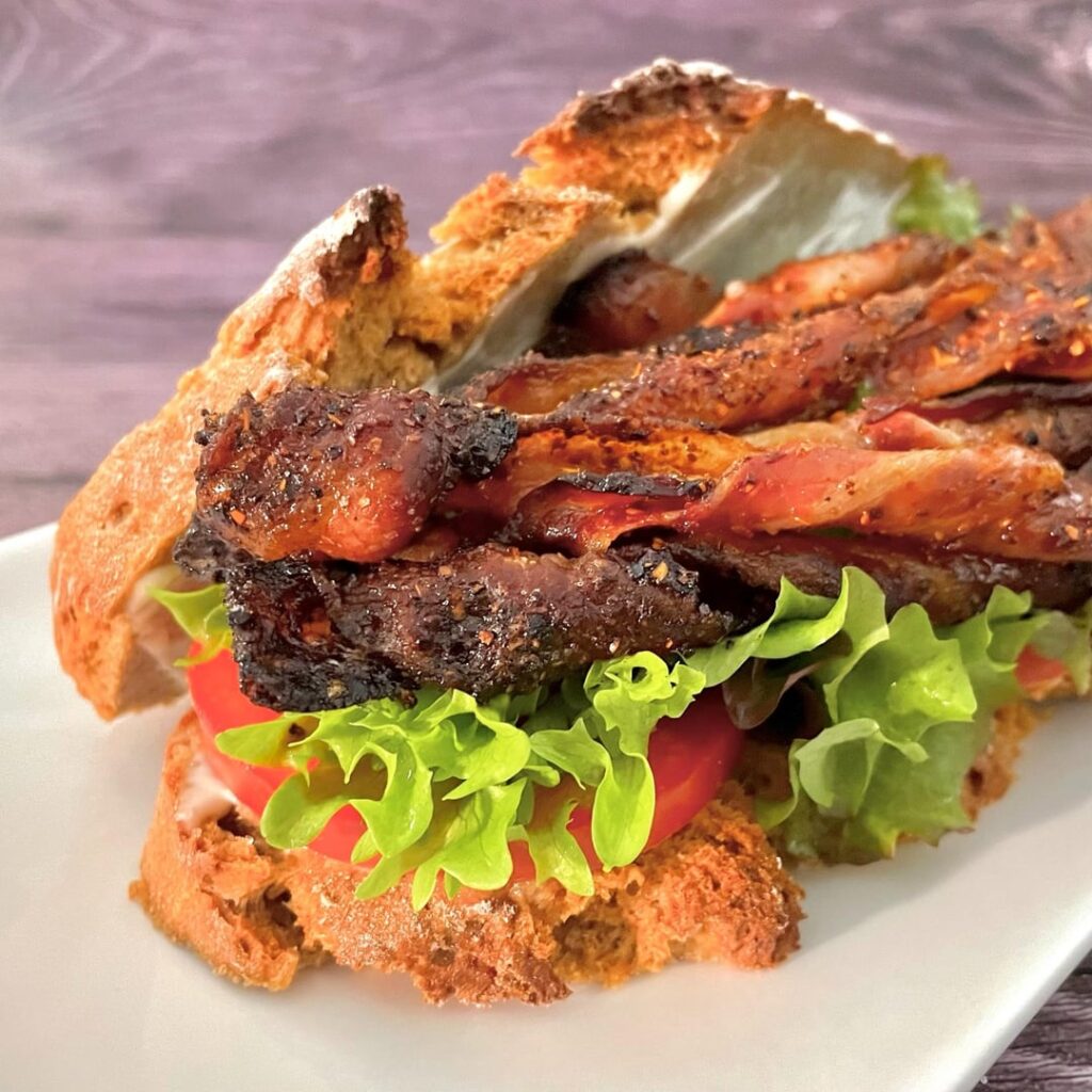 BLT with tajin seasoned twisted bacon