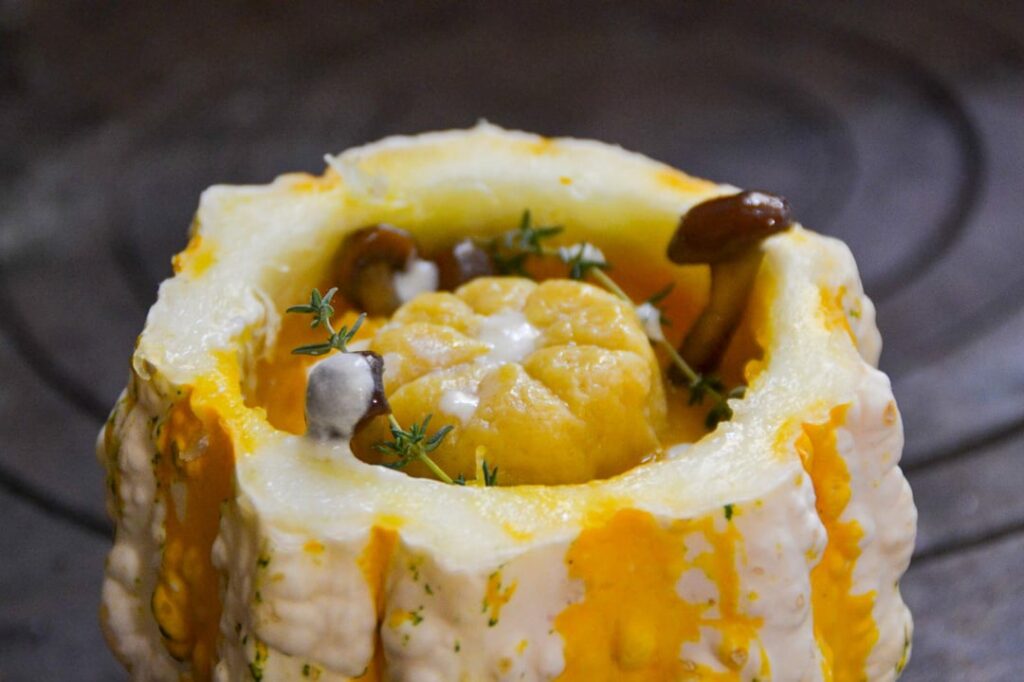 Pumpkin gnocchi, parmesan fondue, mushrooms