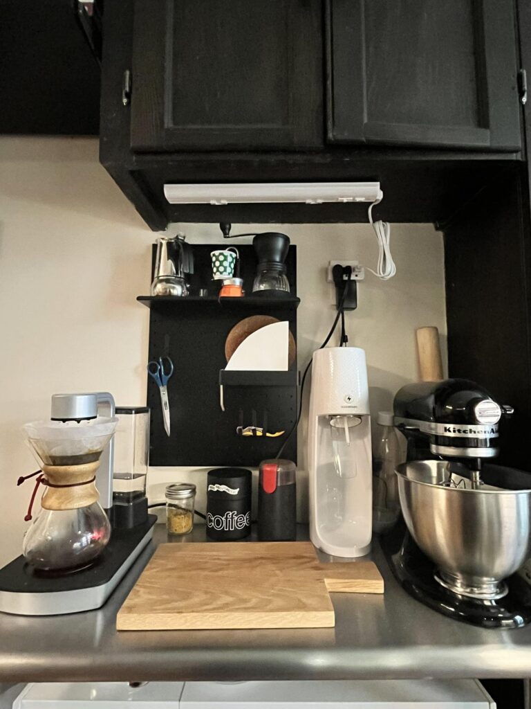 Coffee station in a small NYC kitchen
