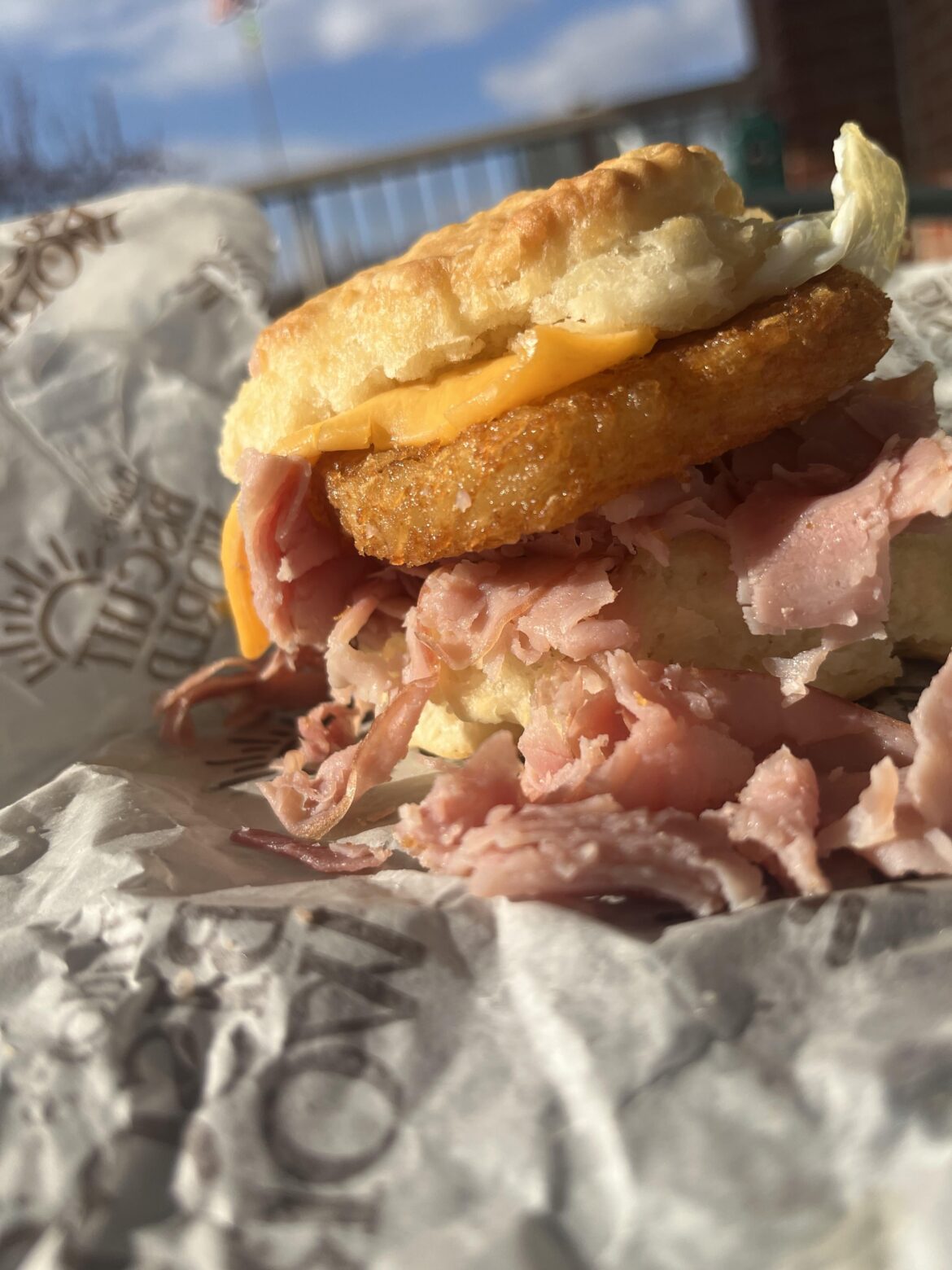 Shaved ham, egg, cheese & hashbrown. Local spot.