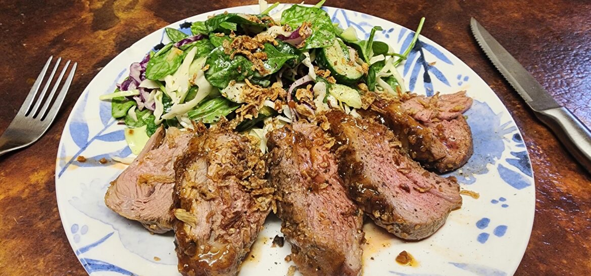 My new fave. Sichuan-glazed roast lamb rump with creamy slaw & crispy shallots.
