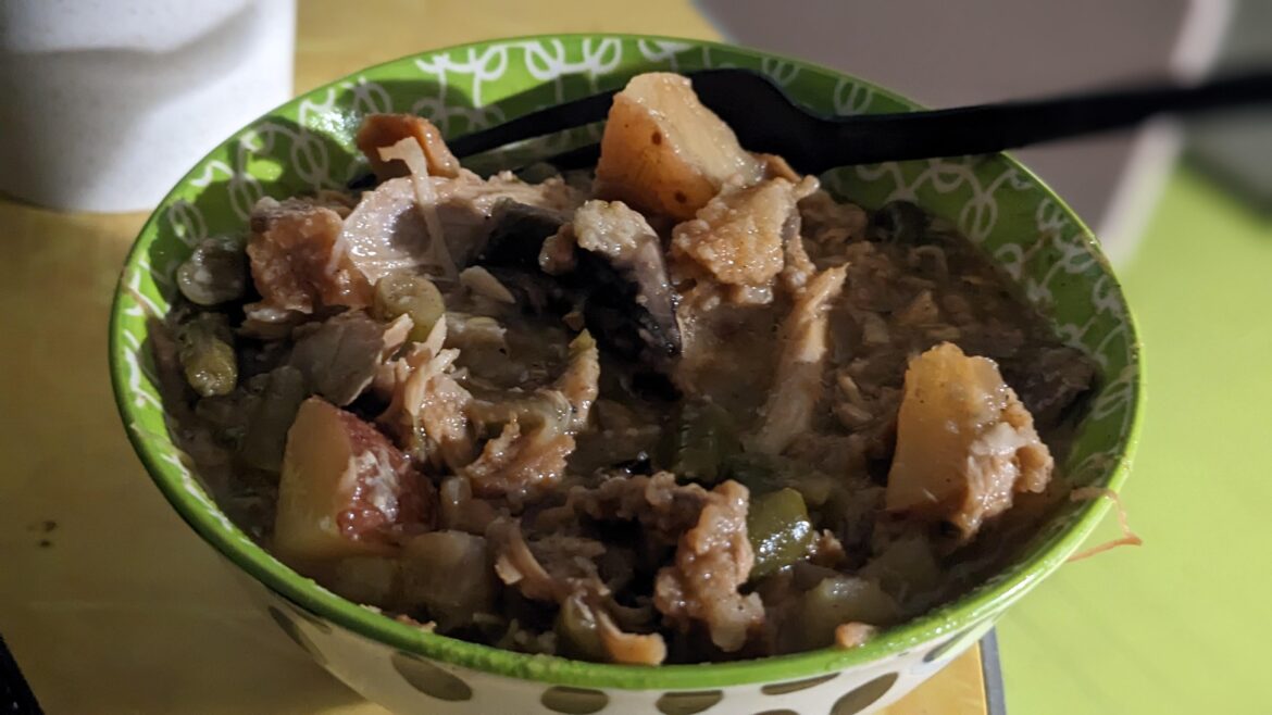 I hate throwing food away so I made a Thanksgiving Stew with all the left overs. Turkey, potatoes, stuffing, green beans casserole and veggies. Sorry for the pic quality. What do you make with your leftovers?