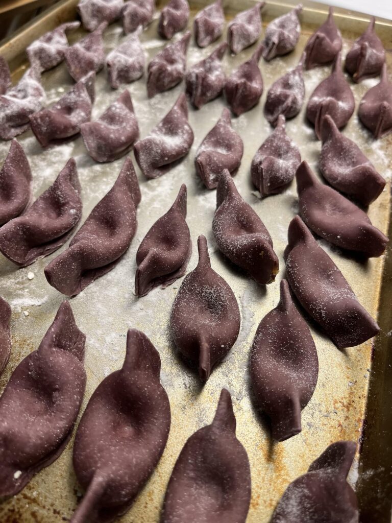 Beetroot + Blue Pea Powder = Deep Burgundy Scarpinocc (filled with butternut squash)