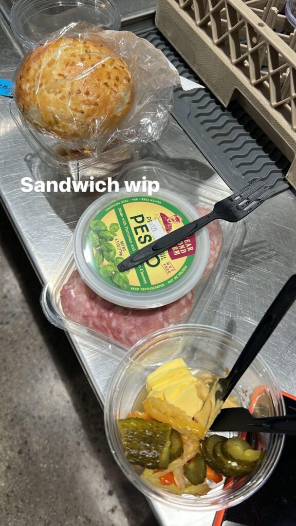 Made a coworker another sandwich. Mine was on an olive roll and he had an onion roll. Varzi salami with Dijon mustard, kerrygold butter, pesto, bubbies spicy pickle and hot peppers, pickled onions, and midnight moon goat Gouda