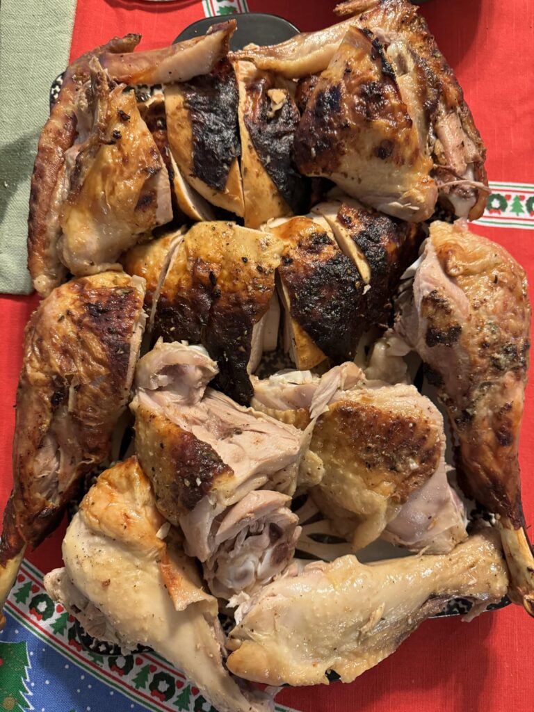 Spatchcocked turkey with a miso compound butter, ultimate gbc, and some lumpy on purpose mash, with turkey gravy.