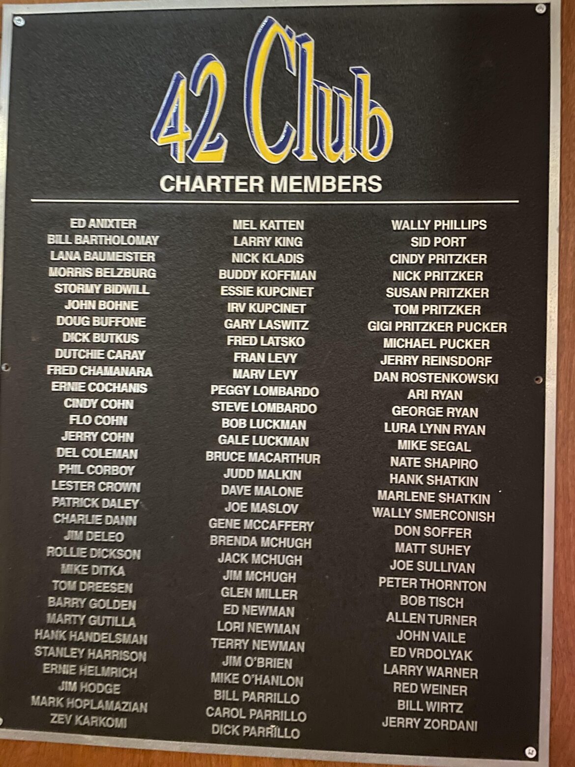 The private dining room upstairs at Gibsons is Club 42, named after Sid Luckman’s jersey number.
