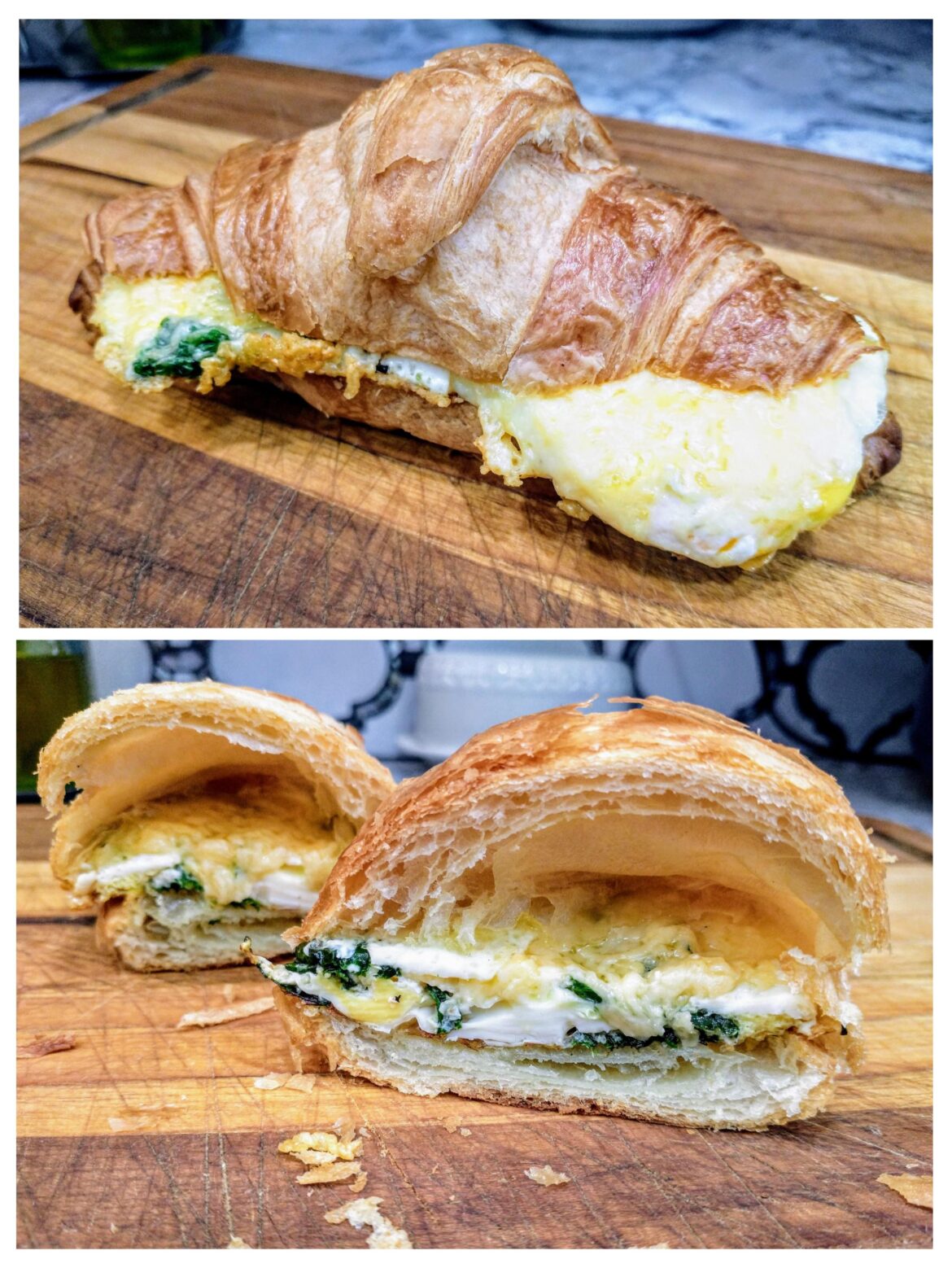 Homemade Spinach, Eggs, and Gouda Cheese Croissant Sandwich.
