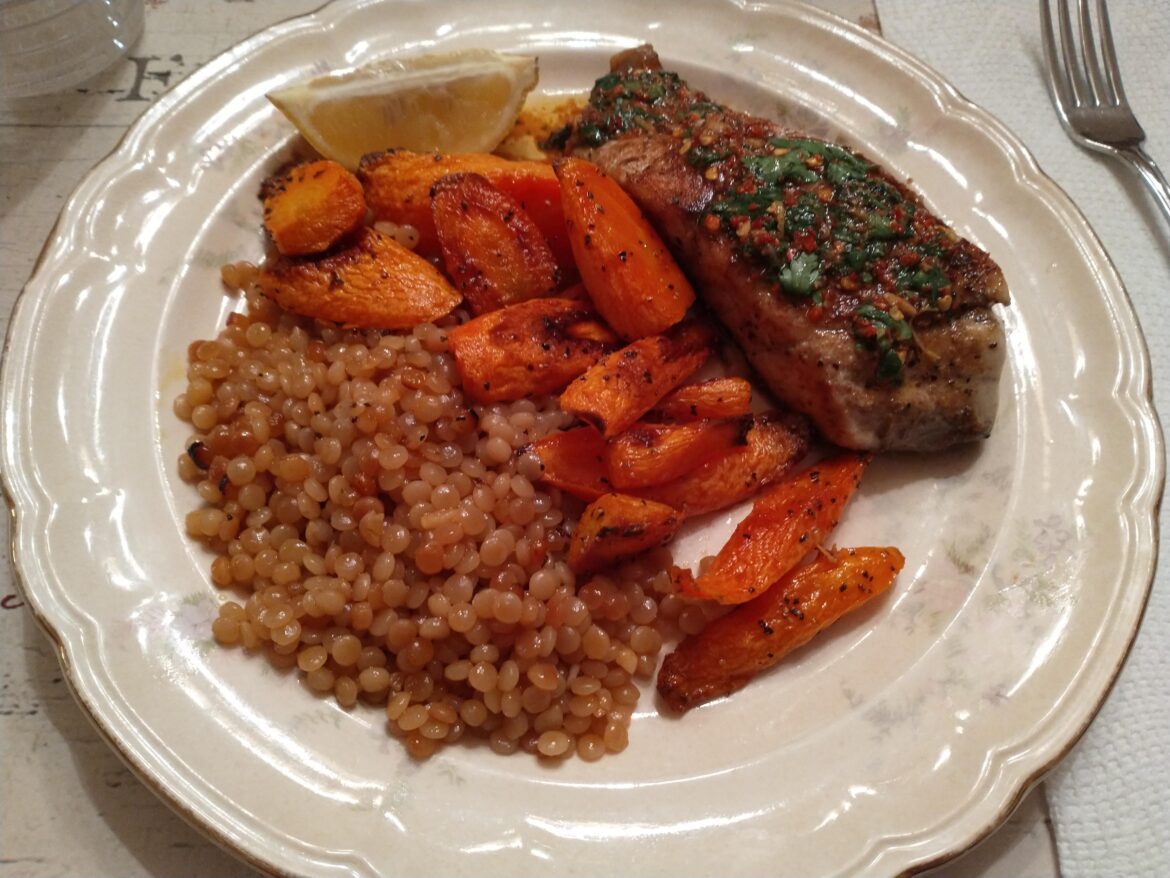 Barramundi w/ Zesty Cilantro Sauce with Lemony Carrots & Garlic Couscous