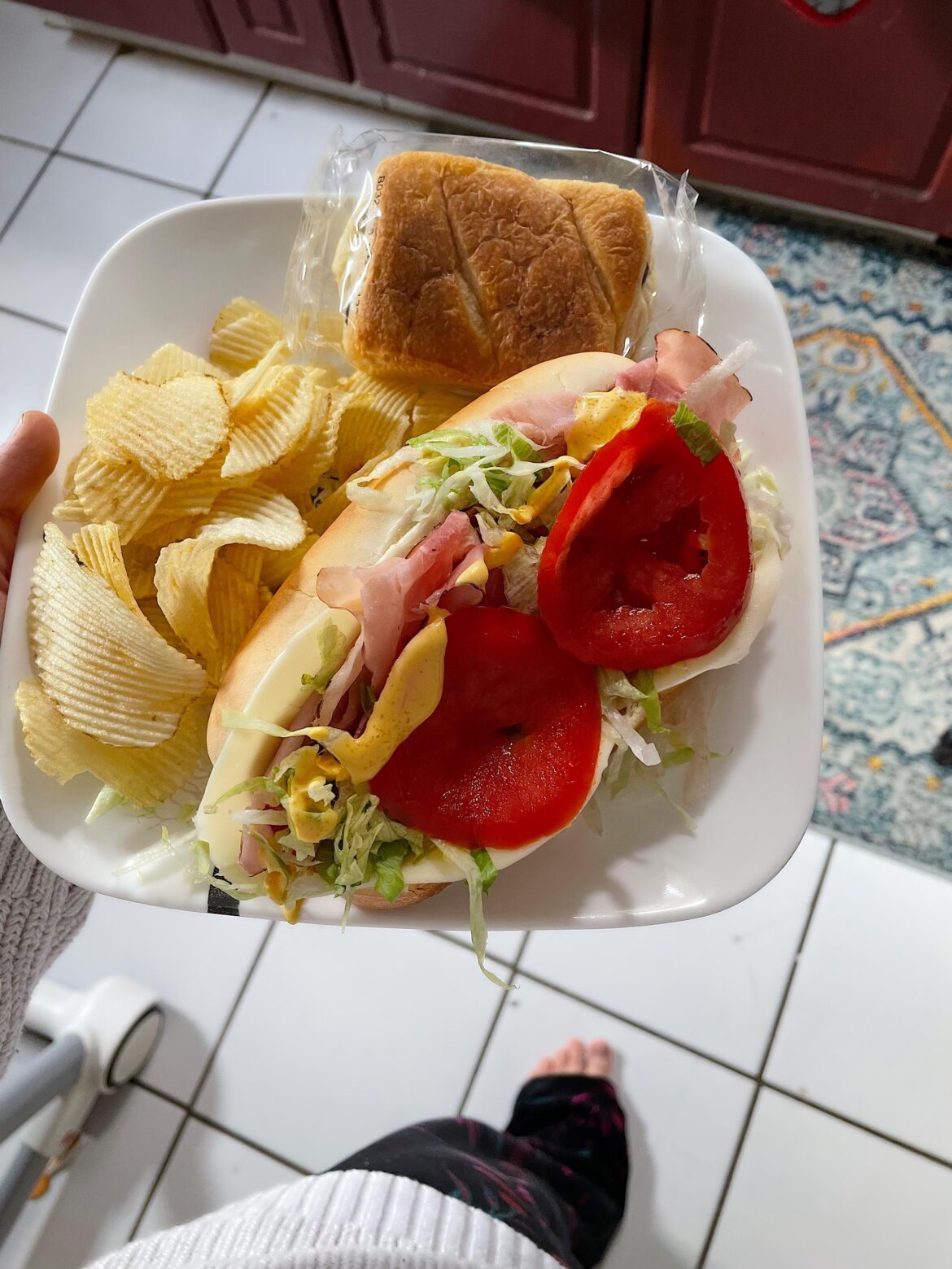 Ham and salami with provolone, lettuce, onion, pickles, tomato and honey mustard