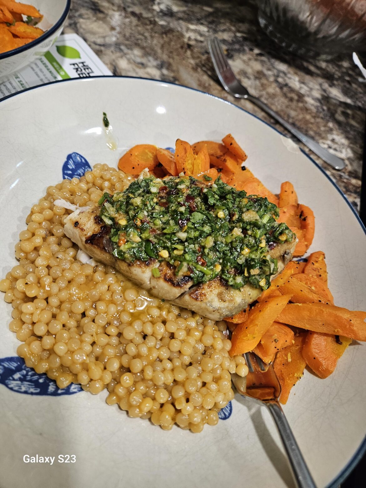 Our 1st HF!!! Seabass, roasted carrots & garlic couscous