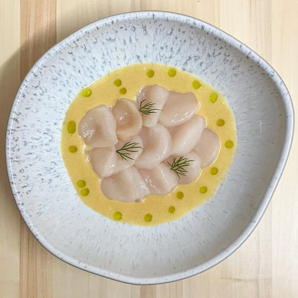 Scallop Sashimi with Miso Beurre Blanc and Dill Oil