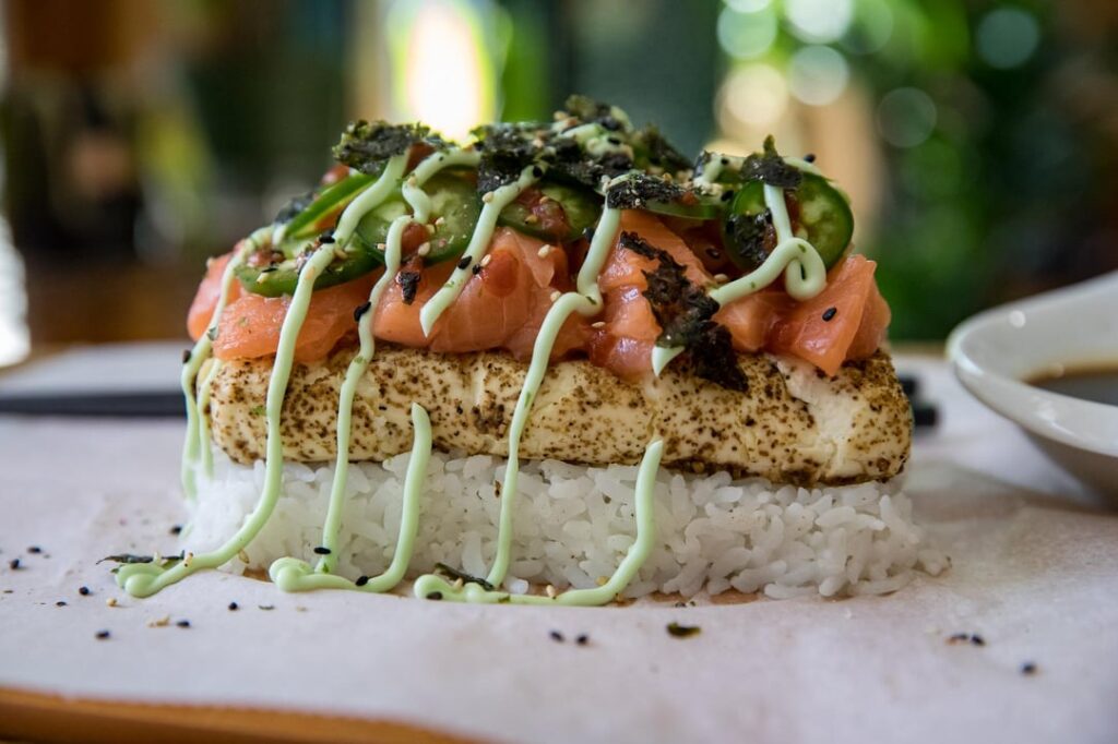 Spicy Salmon Philadelphia Roll Sushi Tower with Togarashi Smoked Cream Cheese (link on photos)