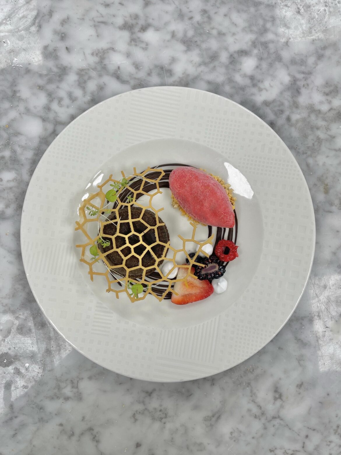 Chocolate Fondant with Raspberry Sorbet and Pastry Tuile v2