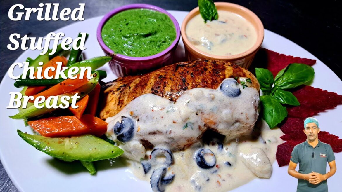 Grilled Stuffed Chicken Breast | Stuffed Chicken Steak With White Creamy Sauce