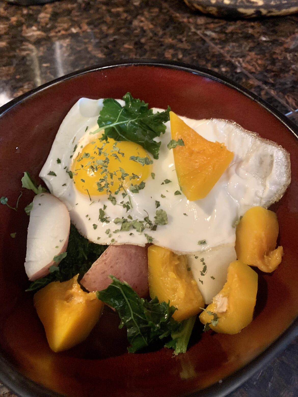 Kumbucha Red Potato Egg Bowl with Fenugreek and steamed kale