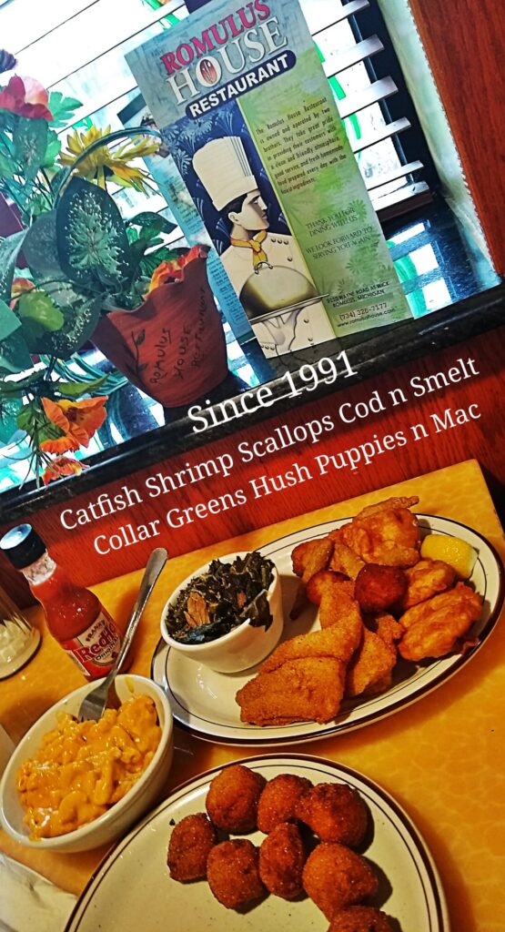 Southern Soulfood since 1991, Famous for Cornmeal Catfish. Romulus House corner Wayne n Wick