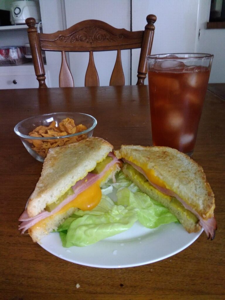 Toasted ham and cheddar with pickles