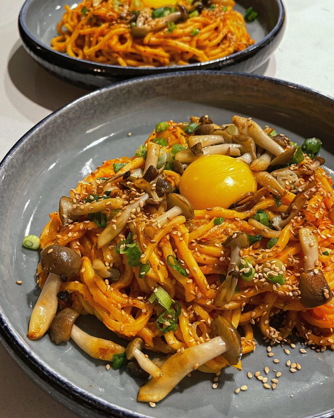 Kimchi udon w/ shimeji mushrooms