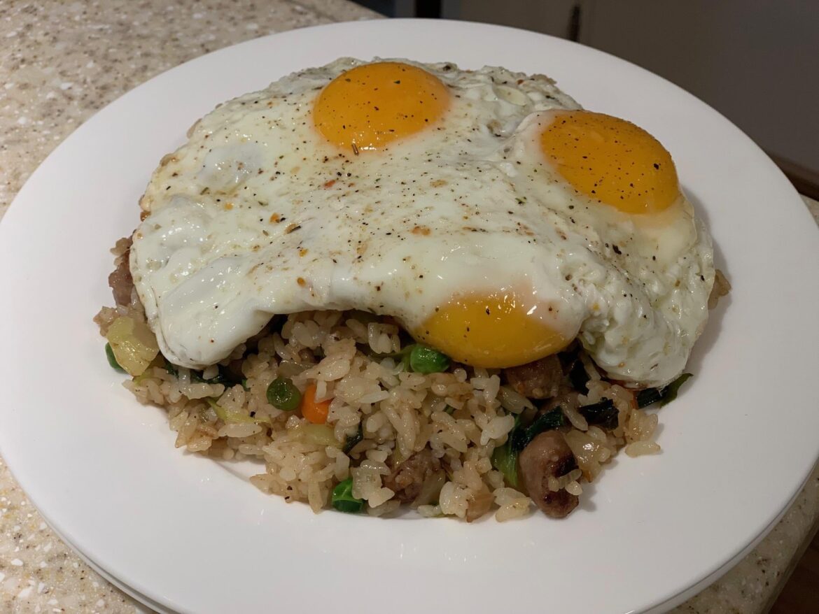 "Flopped, but not popped" - Sausage fried rice and eggs for dinner