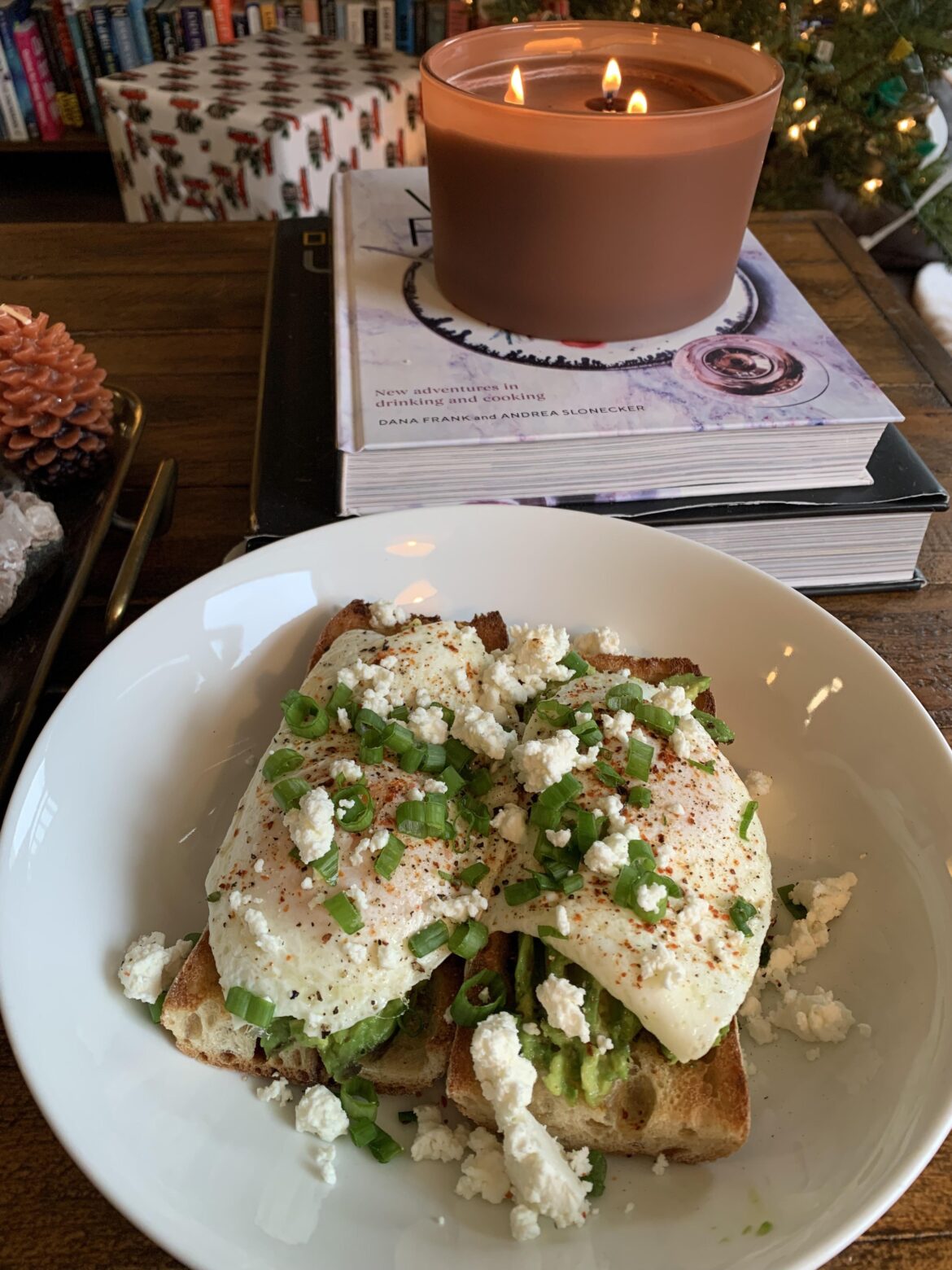 avo toast w eggs, scallions, & goat cheese