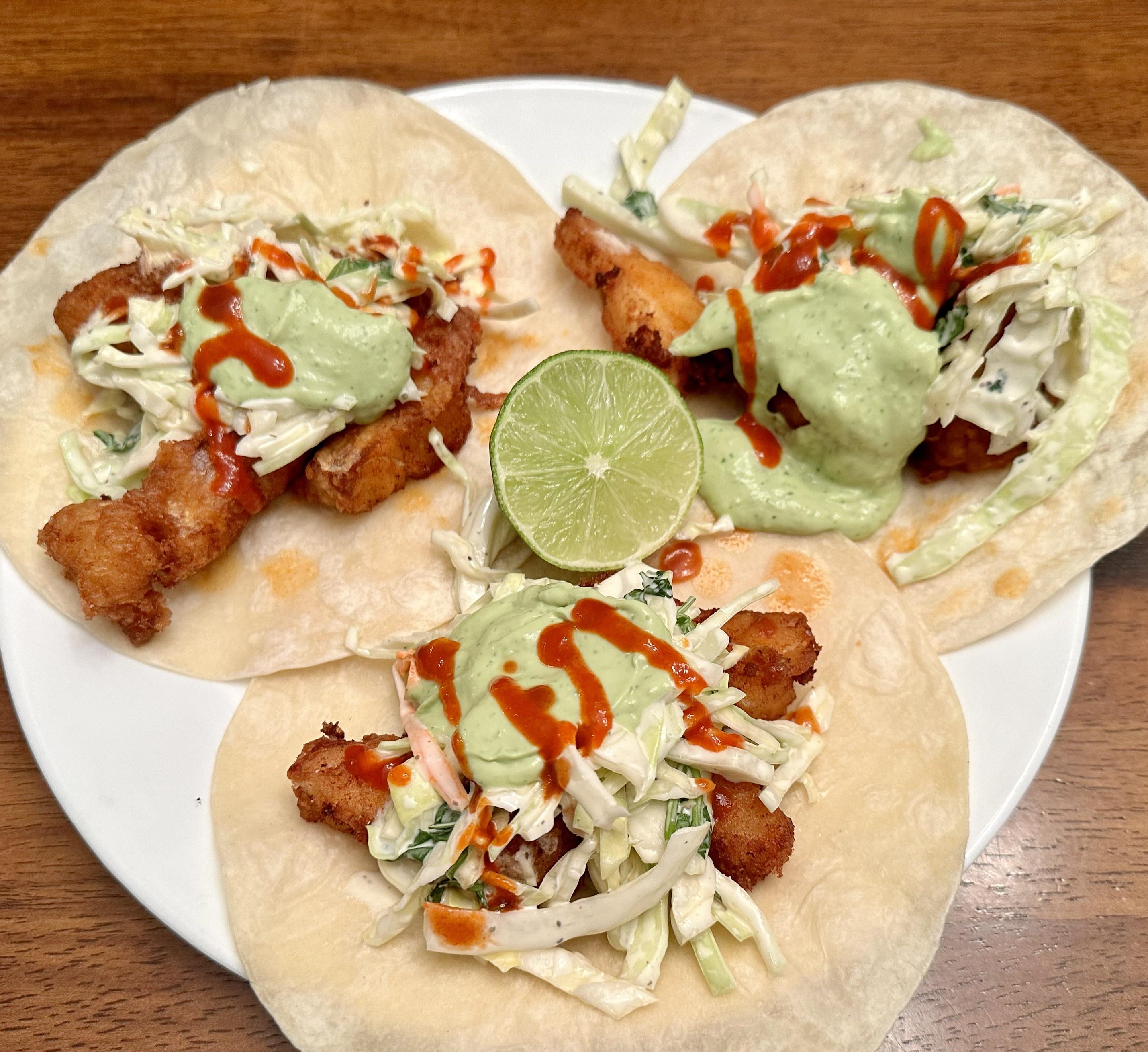 Fish Tacos with avocado crema and cilantro slaw Dining and Cooking