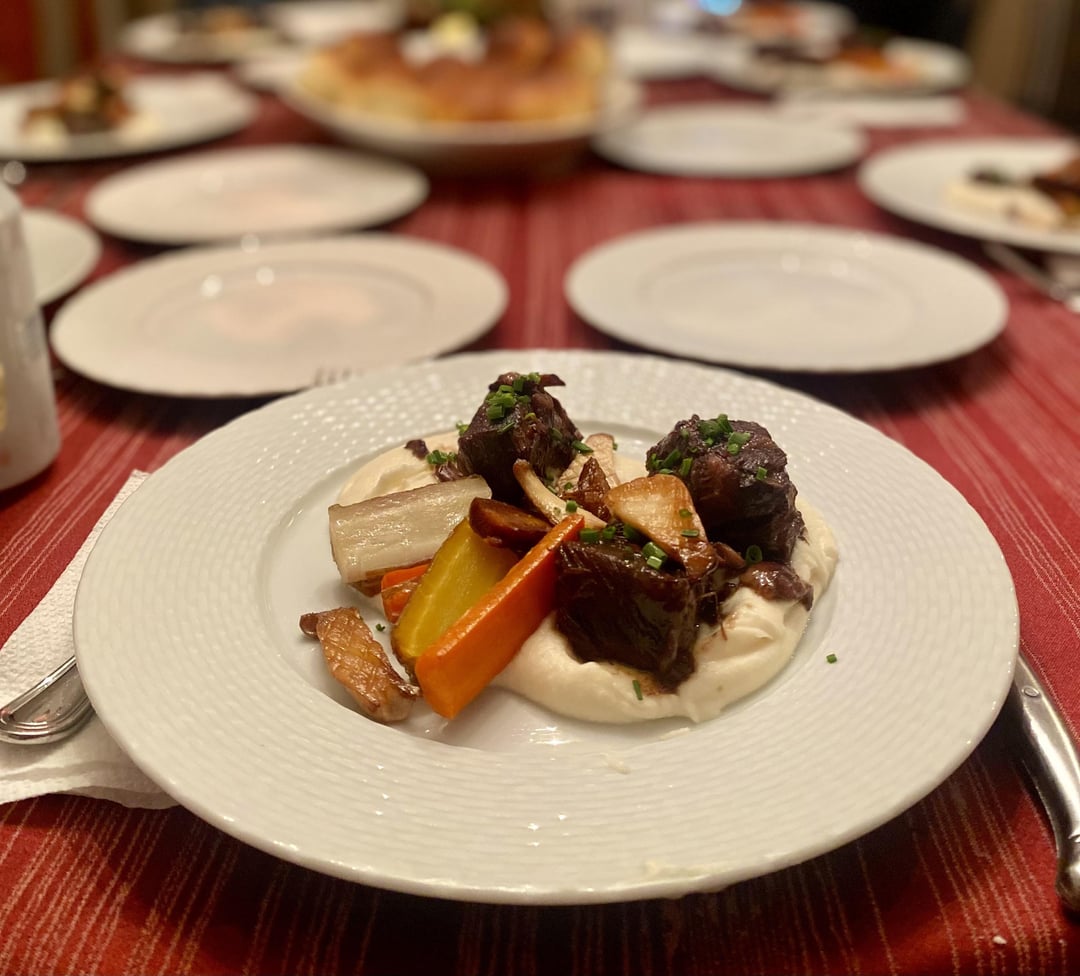 [homemade] Red wine braised short ribs, celery root puree, duck fat