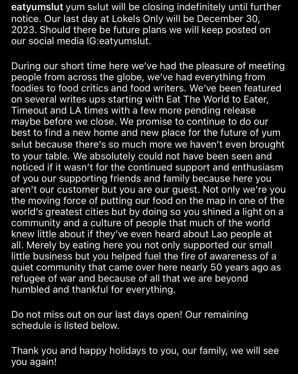 Yum Sະlut Laotian cuisine closing indefinitely after December 30th