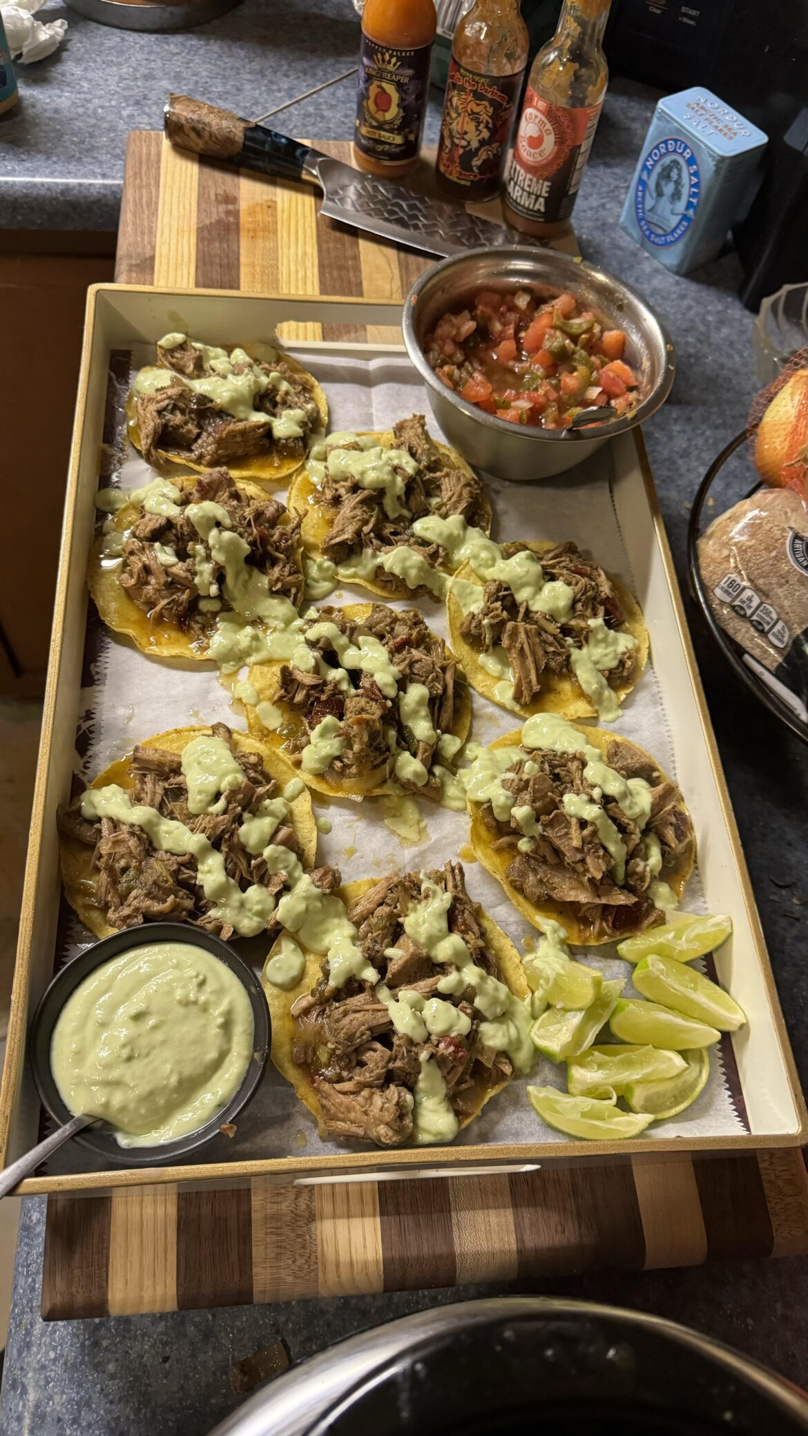 Barbacoa Beef with Avacado Crema and Pico de Gallo