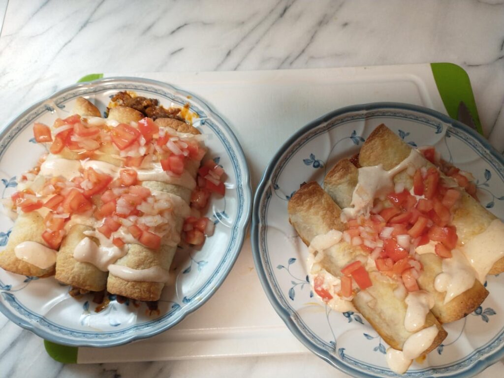 Beef Flautas with Red Pepper Crema & Pico de Gallo