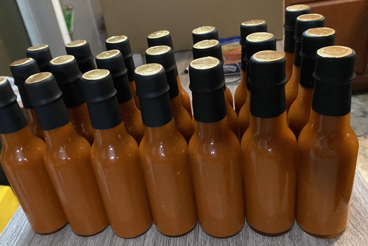 My annual habanero hot sauce batch is complete. Yielded 22 bottles.