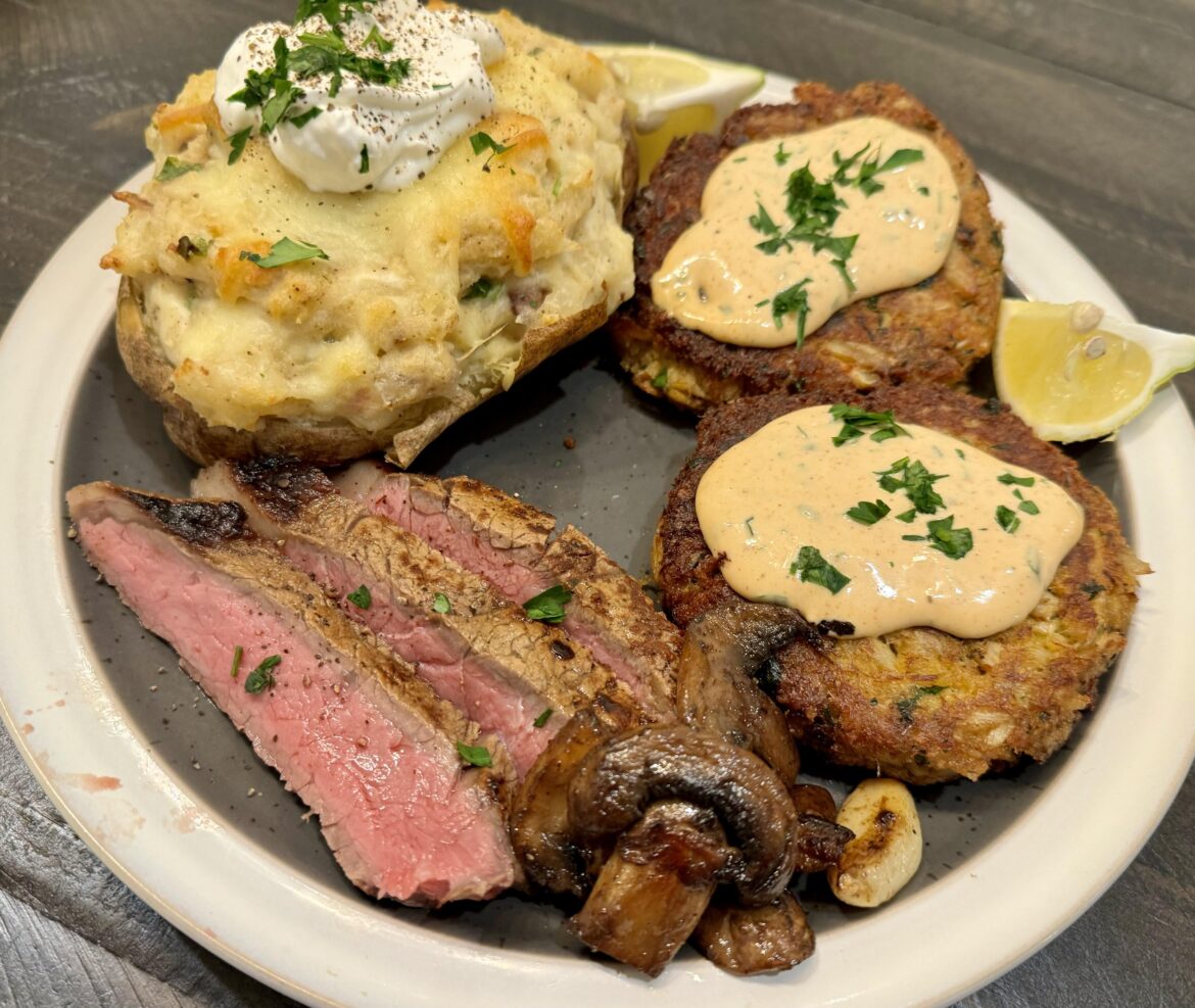 Crab Cakes, steak and a twice baked potato.