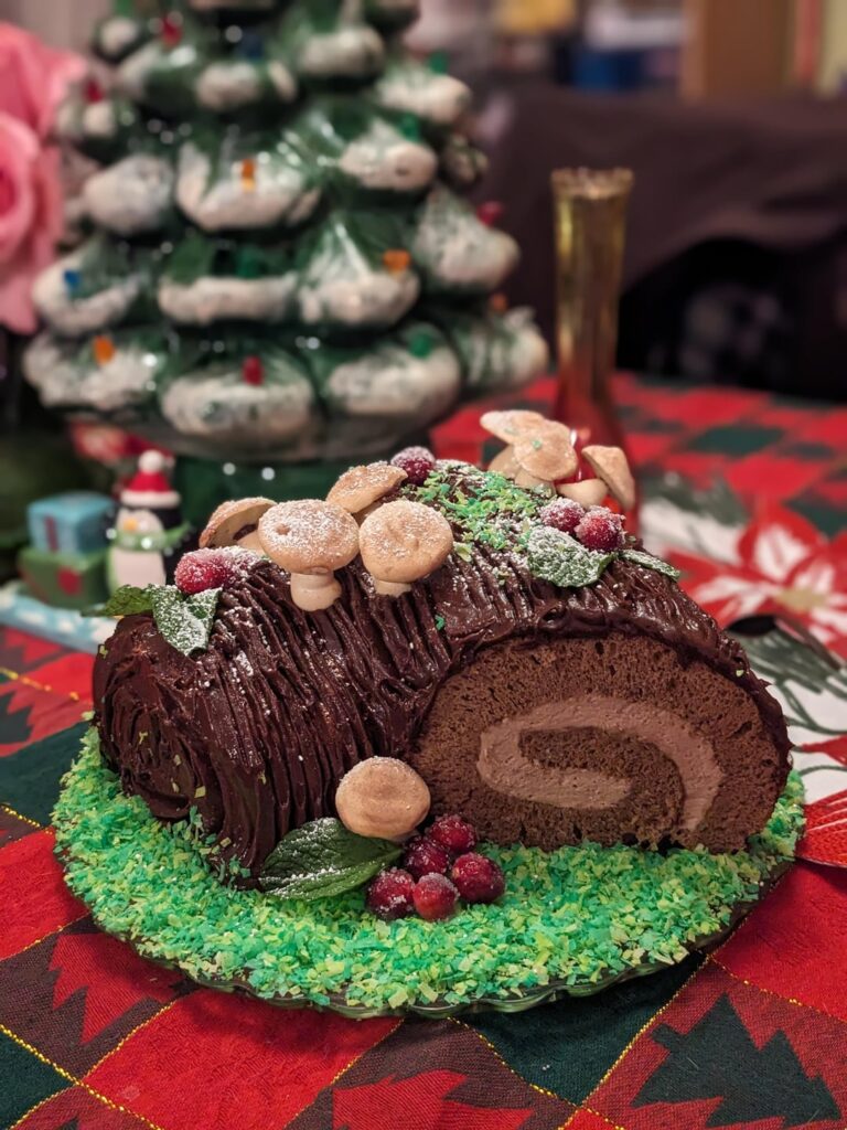 [homemade] Yule Log with meringue mushrooms and sugared cranberries